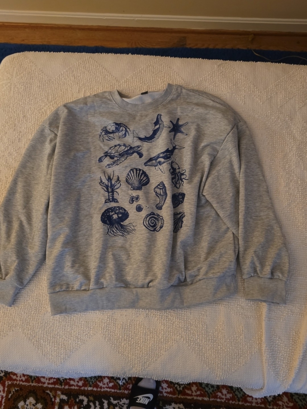 SHEIN Gray Crewneck Sweater with Navy Marine Life Print